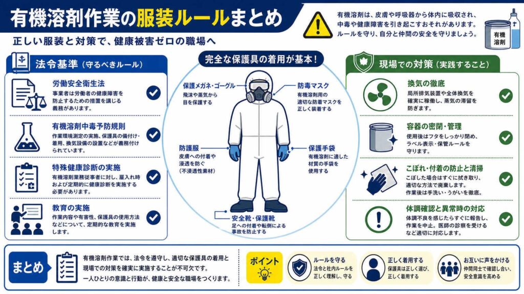有機溶剤作業の服装ルールまとめ:法令が求める基準と現場での運用ポイント