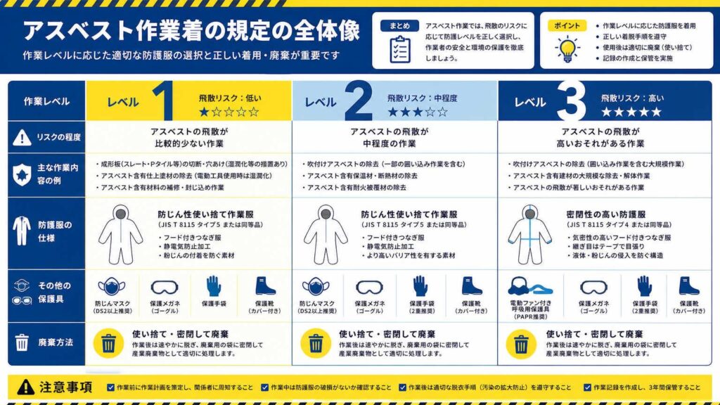 アスベスト作業着の規定まとめ|レベル別の要件と現場ルールを一覧で確認
