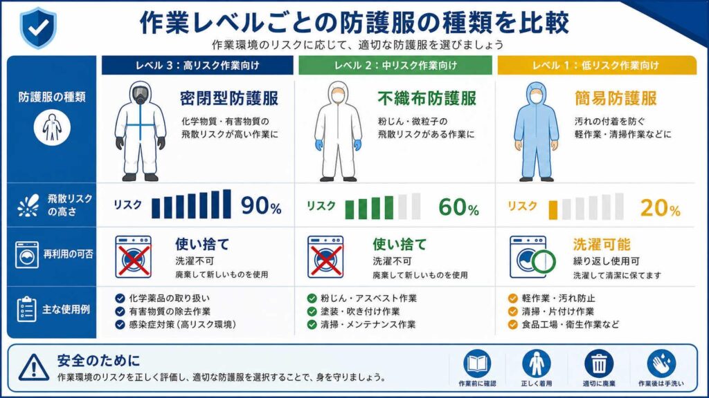 作業レベルごとに必要な作業着の種類