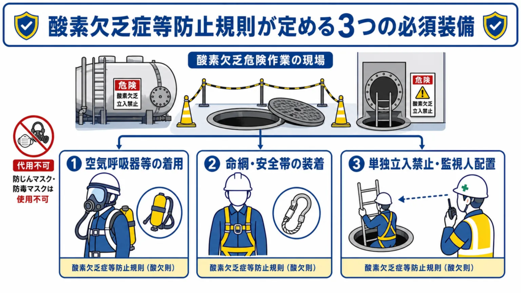 酸素欠乏作業の服装・装備は安全衛生規則に基づく基準で決まる