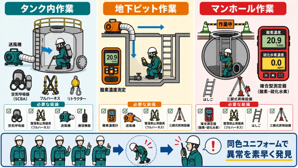 現場別に見る酸素欠乏作業の服装・装備の具体例