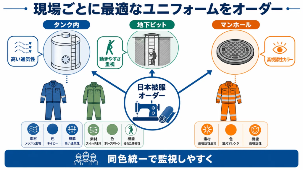 現場に合った酸素欠乏作業用ユニフォームは日本被服のオーダーで揃えられる